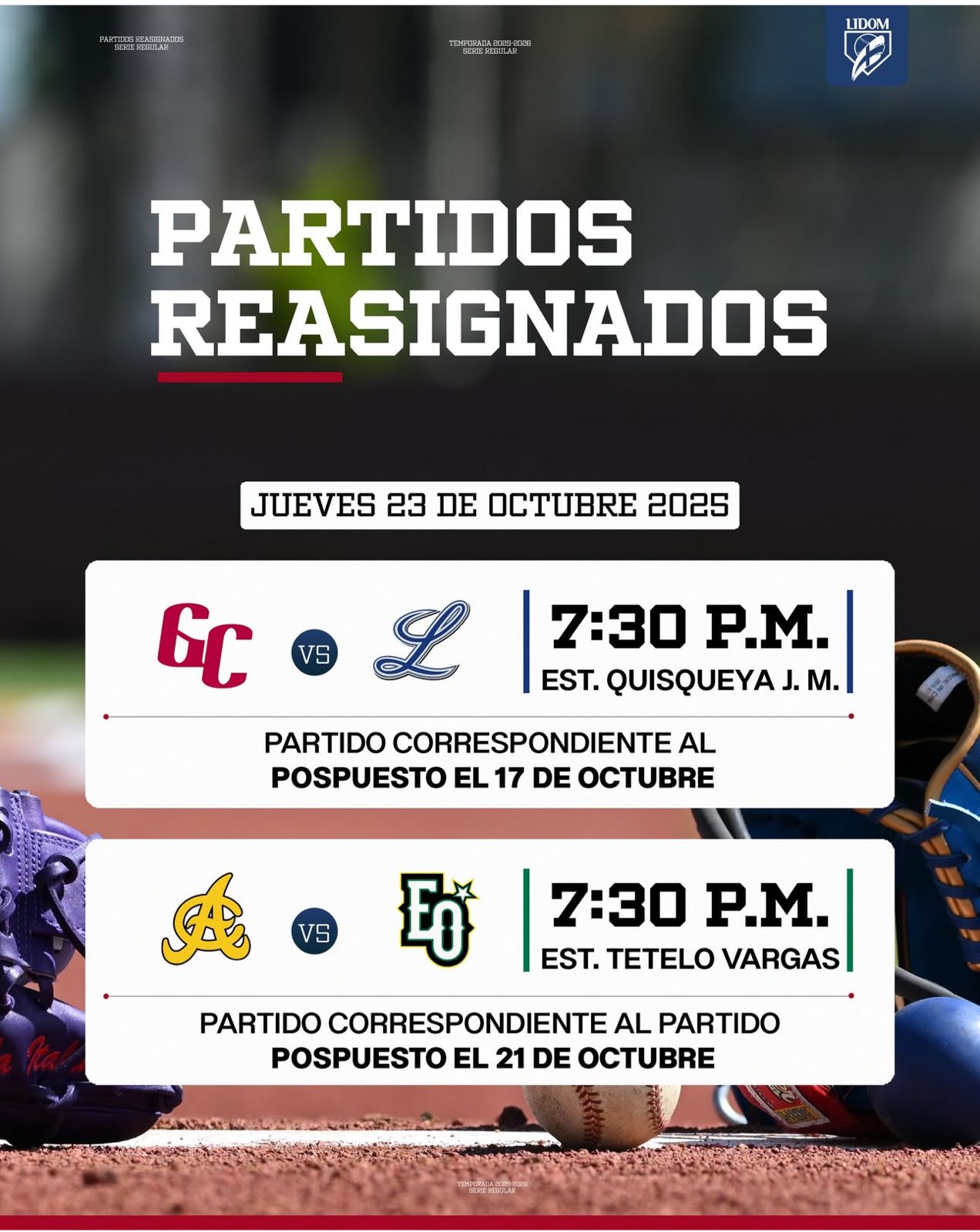 LIDOM reschedules games suspended due to the passage of storm Melissa for this Thursday, October 23rd | De Último Minuto English