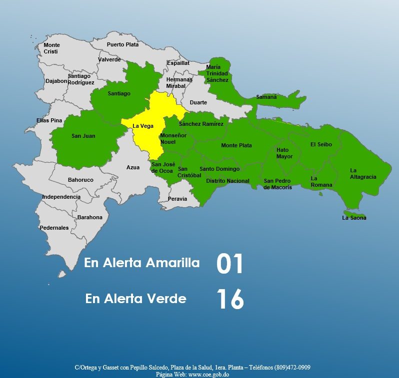 COE keeps La Vega on yellow alert and 16 provinces on green. | De Último Minuto English