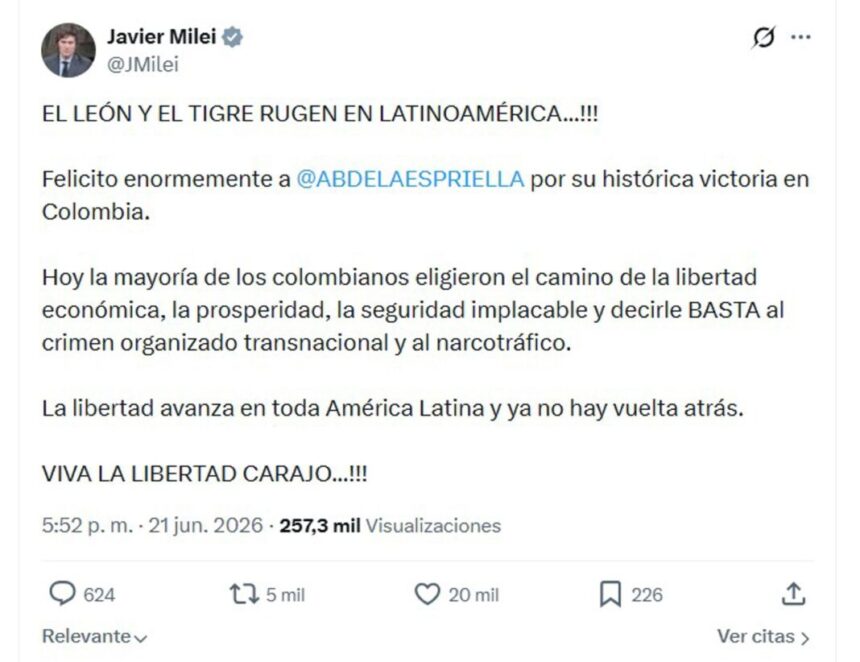"Milei on De la Espriella's potential victory: The lion and the tiger roar in Latin America" | De Último Minuto English