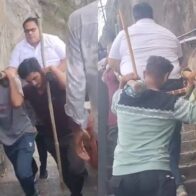 Tourists pay local porters to carry them up 10,000 steps