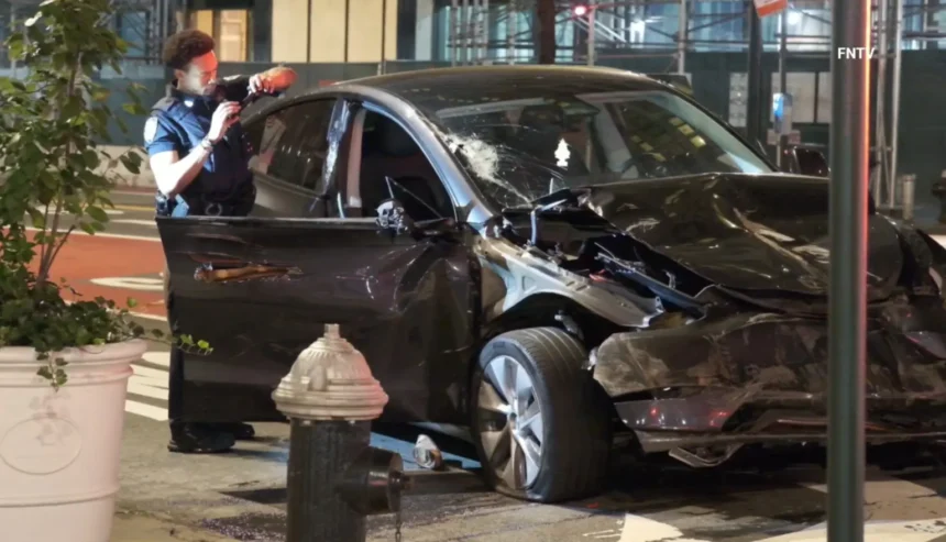 One woman dies after Tesla crashes into scaffolding in Midtown Manhattan