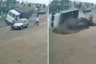 15 tons of sand bury car within seconds in India traffic accident