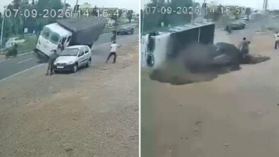 15 tons of sand bury car within seconds in India traffic accident
