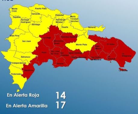 COE mantiene bajo alerta roja 14 provincias y 17 en amarilla