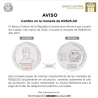Bando Central: Desde hoy circulará moneda de $25.00 del año 2021