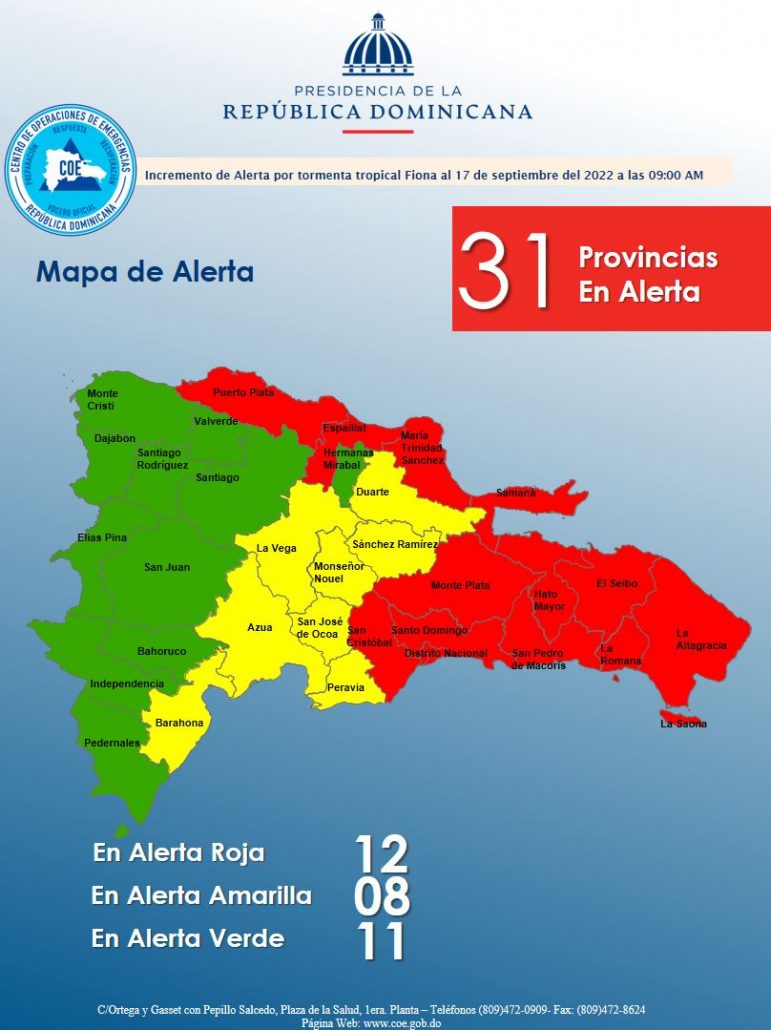 Elevan a 31 provincias en alerta por incidencia de la tormenta Fiona