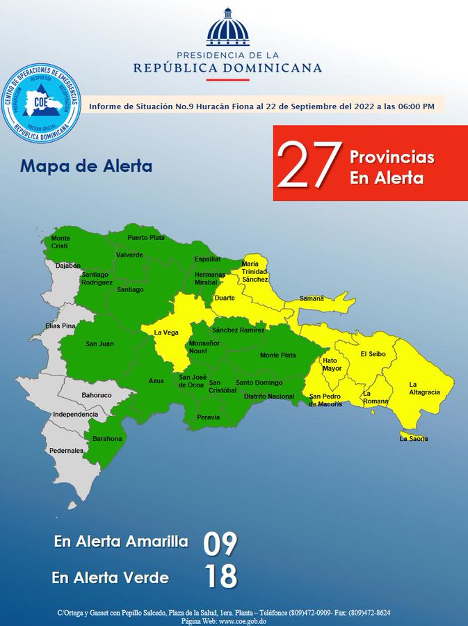 COE mantiene 8 provincias en alerta amarilla y coloca 18 en alerta verde