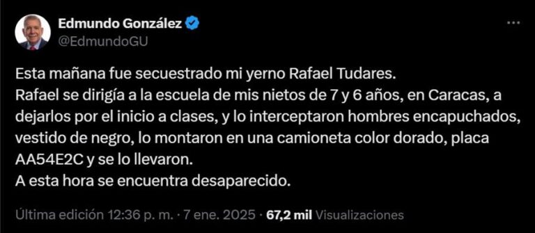 La hija de González Urrutia defiende la inocencia de su esposo, "secuestrado" en Caracas
