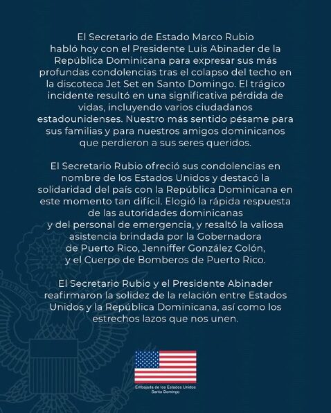 EE. UU. expresa condolencias a República Dominicana por tragedia en Jet Set