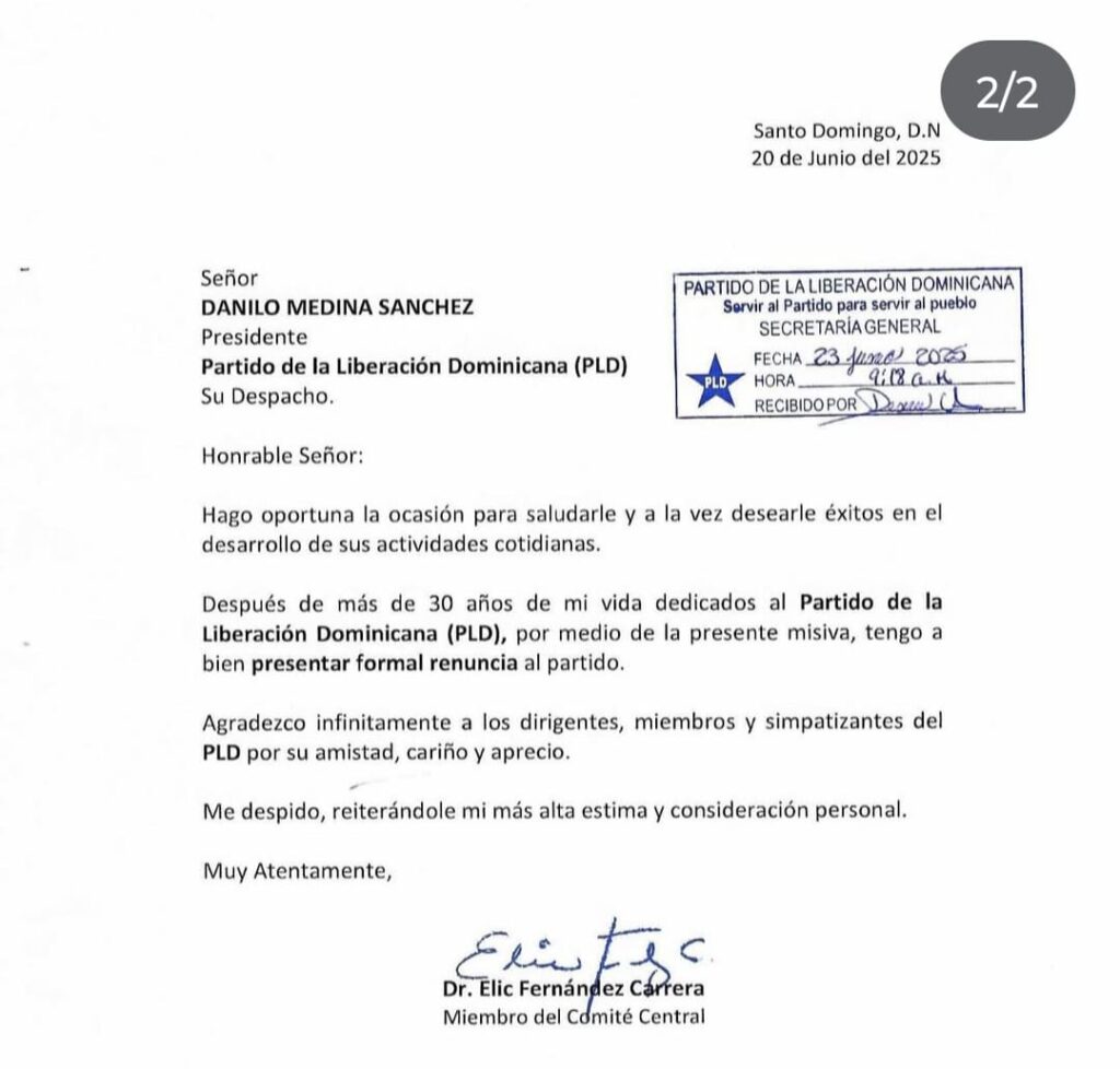 Elic Fernández renuncia al PLD tras más de 30 años de militancia política