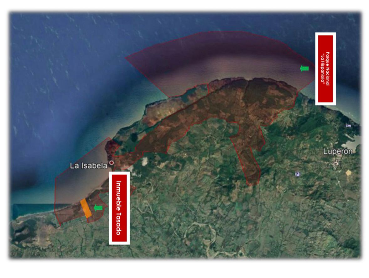 Mapa del Refugio de vida silvestre Bahía de Luperón (Puerto Plata, República Dominicana) con límite del área (20.21 km²) y área de amortiguamiento (300 m).