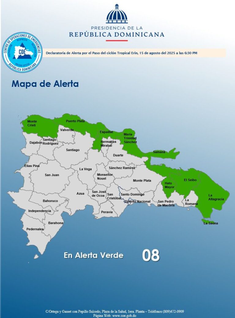 COE emite alerta verde para ocho provincias por efectos indirectos de huracán Erin
