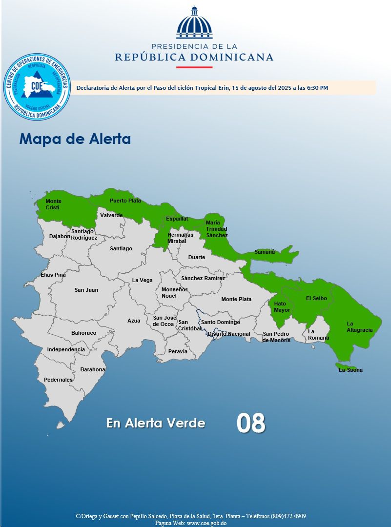 COE emite alerta verde para ocho provincias por efectos indirectos de huracán Erin