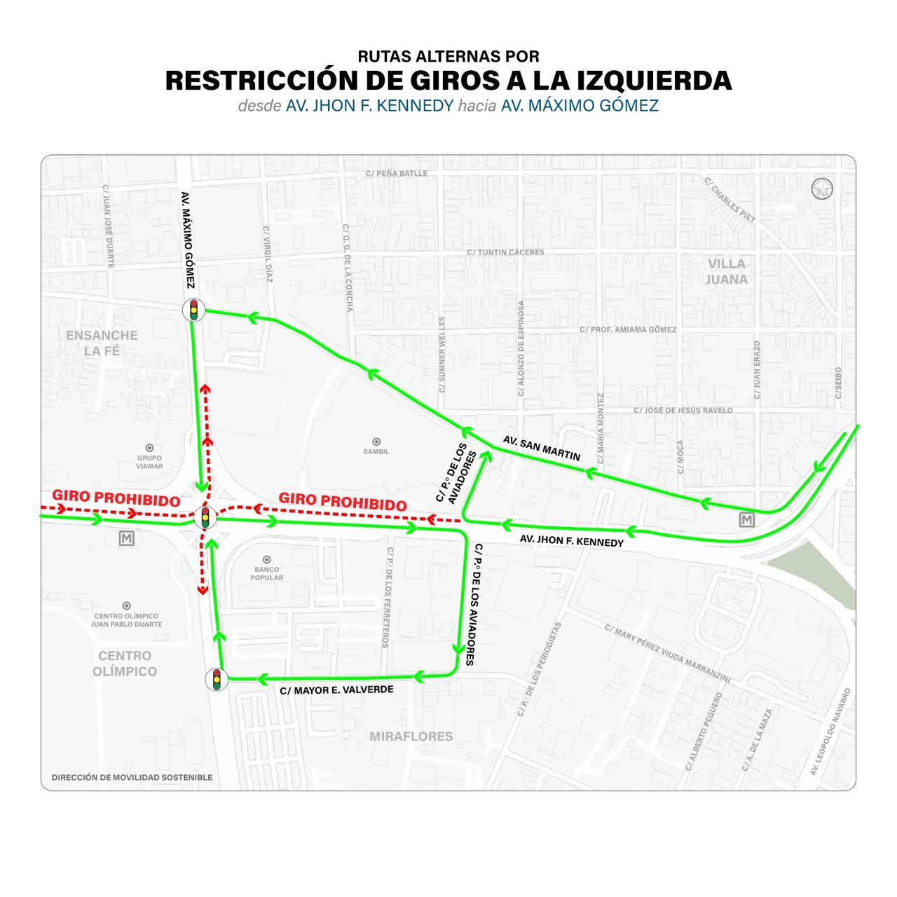 Gabinete de Transporte implementará cuarta fase de restricción de giros a la izquierda en la John F. Kennedy y la 27 de Febrero