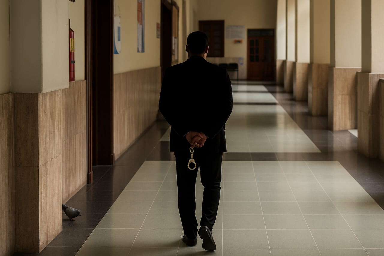 Es de madrugada y los pasillos del tribunal están sumidos en un silencio absoluto. Los pasos agitados de los togados han cesado, pero dentro de la Oficina Judicial de Servicios de Atención Permanente (OSJAP) del Distrito Nacional, el trabajo no se detiene. (Imagen creada por IA)