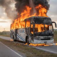 Imagen recreada con IA. Autobús de empresa Fenwal se incendia en Haina tras dejar a sus pasajeros