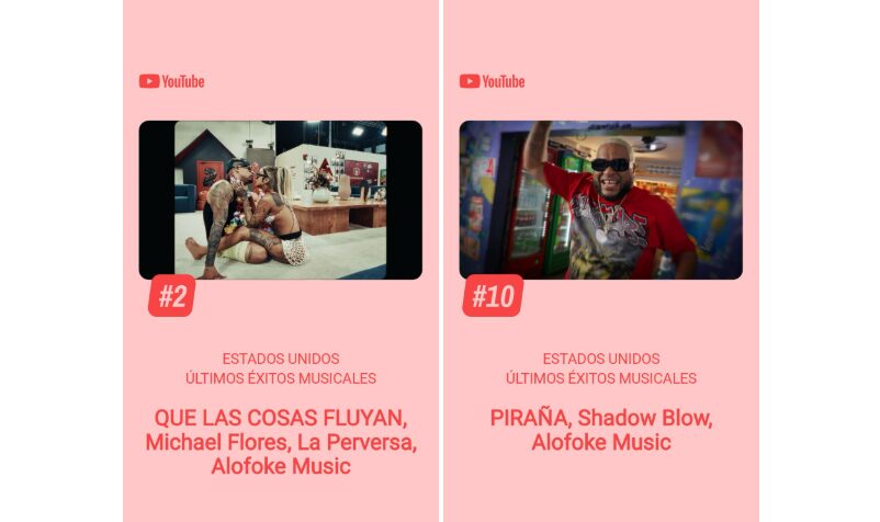 Alofoke Music coloca dos canciones en el Top 10 de YouTube en EE. UU.