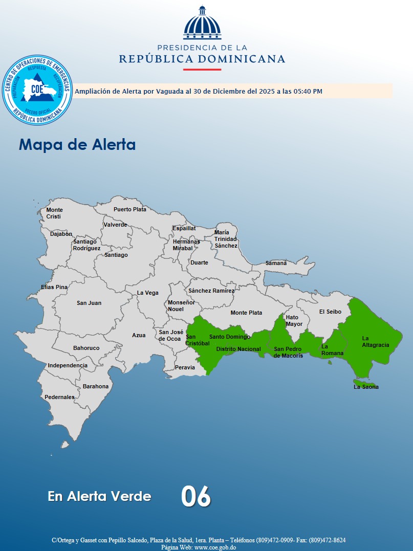 COE amplía alerta verde para seis provincias y el Distrito Nacional por vaguada y sistema frontal