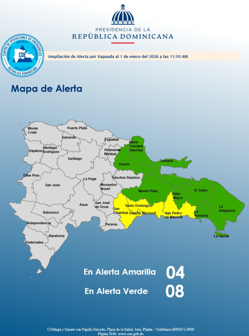 COE amplía alertas meteorológicas en 12 provincias por vaguada y sistema frontal