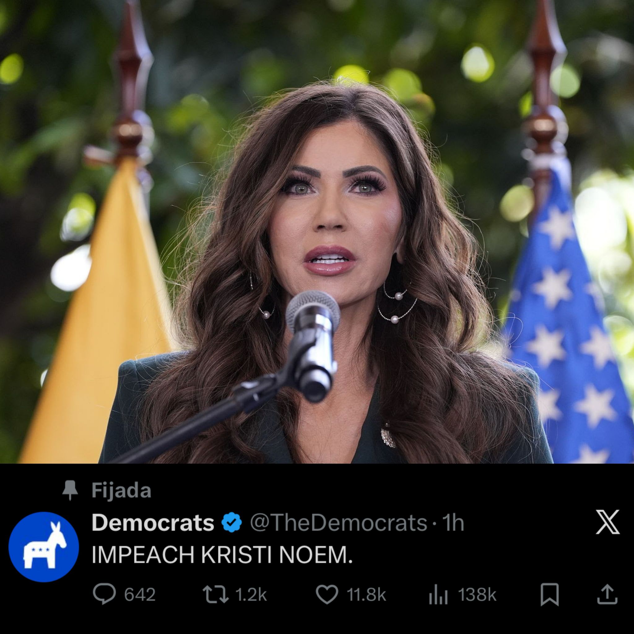 Demócratas publican en su cuenta oficial un único mensaje sin más detalles: “Juicio Político contra Kristi Noem”