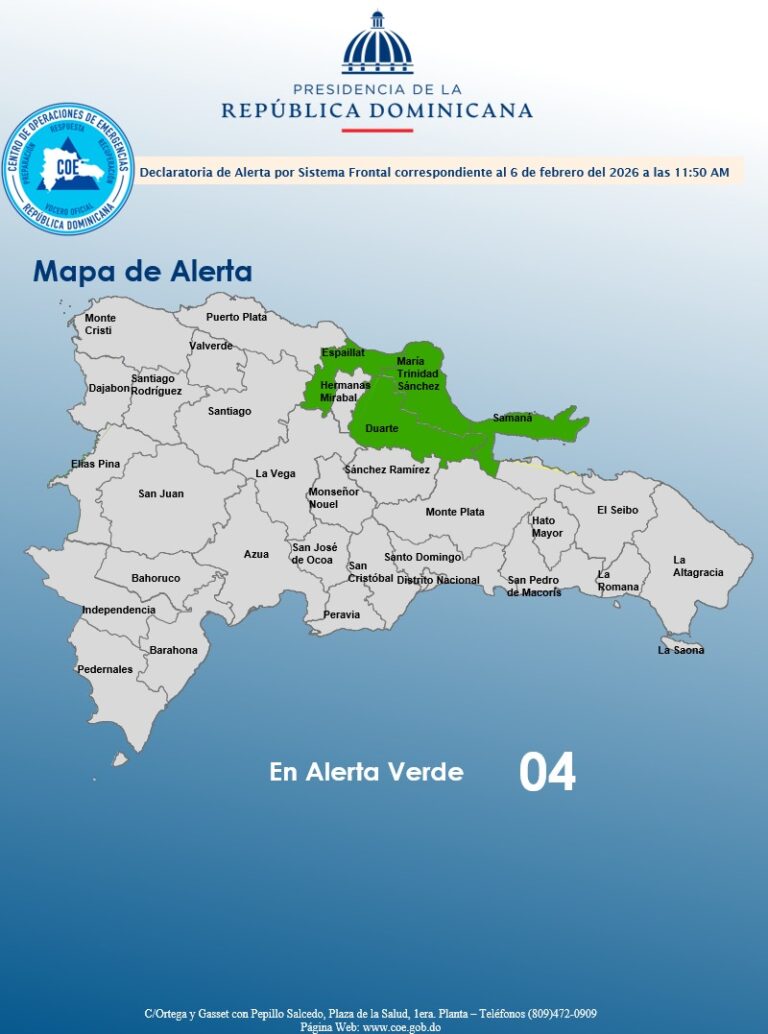 COE declara alerta verde para cuatro provincias por sistema frontal