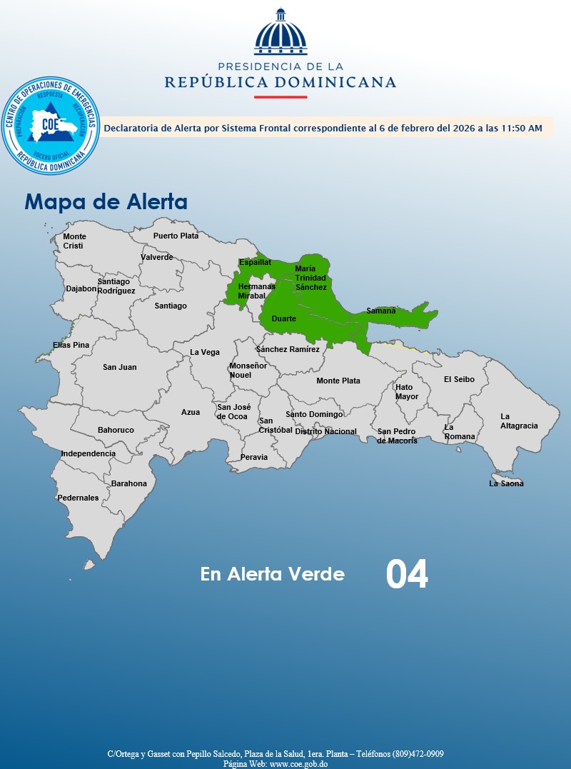 COE declara alerta verde para cuatro provincias por sistema frontal