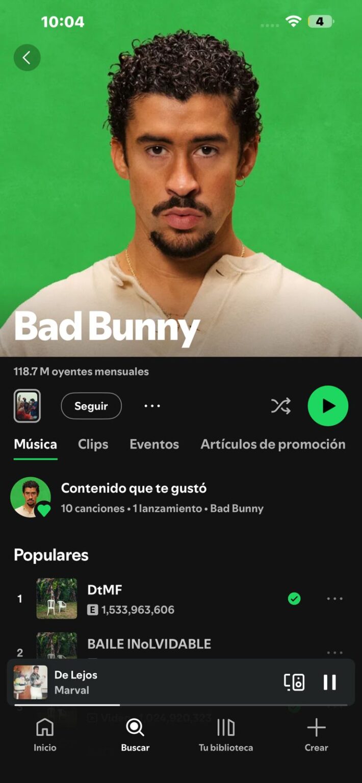 Bad Bunny se mantiene como el tercer artista más escuchado del mundo en Spotify