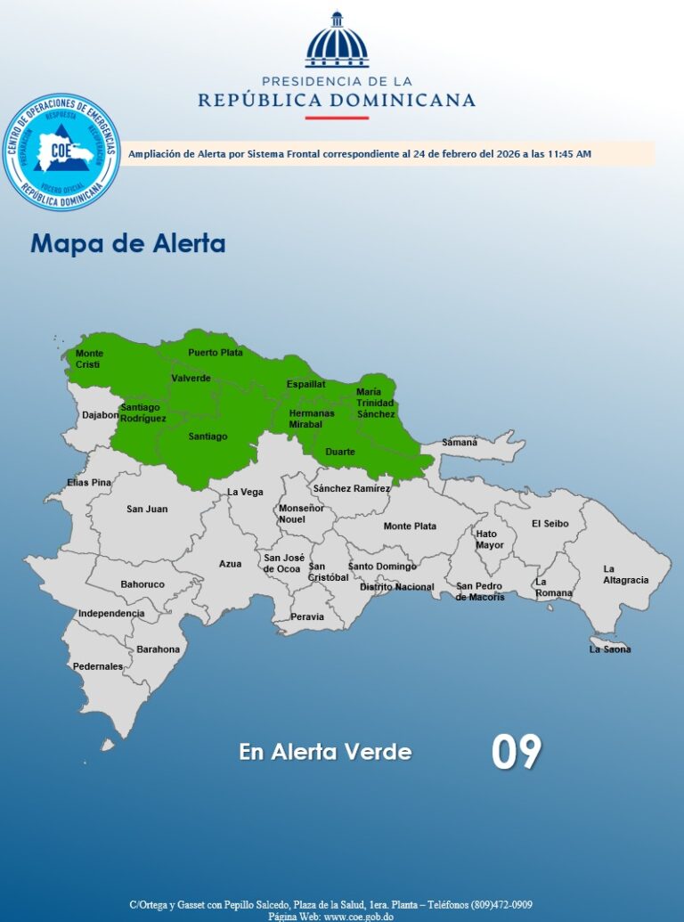 COE amplía alerta verde en nueve provincias por lluvias asociadas a sistema frontal
