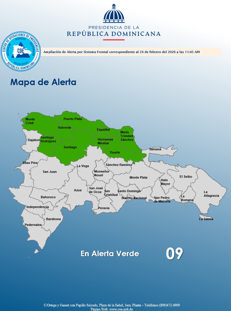 COE amplía alerta verde en nueve provincias por lluvias asociadas a sistema frontal