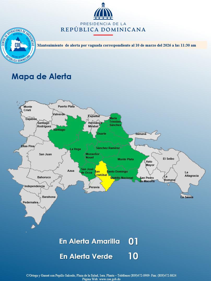 COE mantiene 11 provincias bajo alerta por incidencia de vaguada en el país