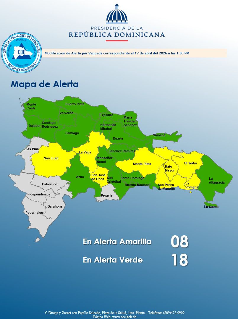 El COE coloca 26 provincias en alerta por vaguada; 8 se encuentran en nivel amarillo