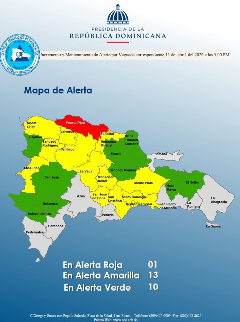 Puerto Plata en alerta roja; COE coloca 24 provincias bajo aviso por vaguada