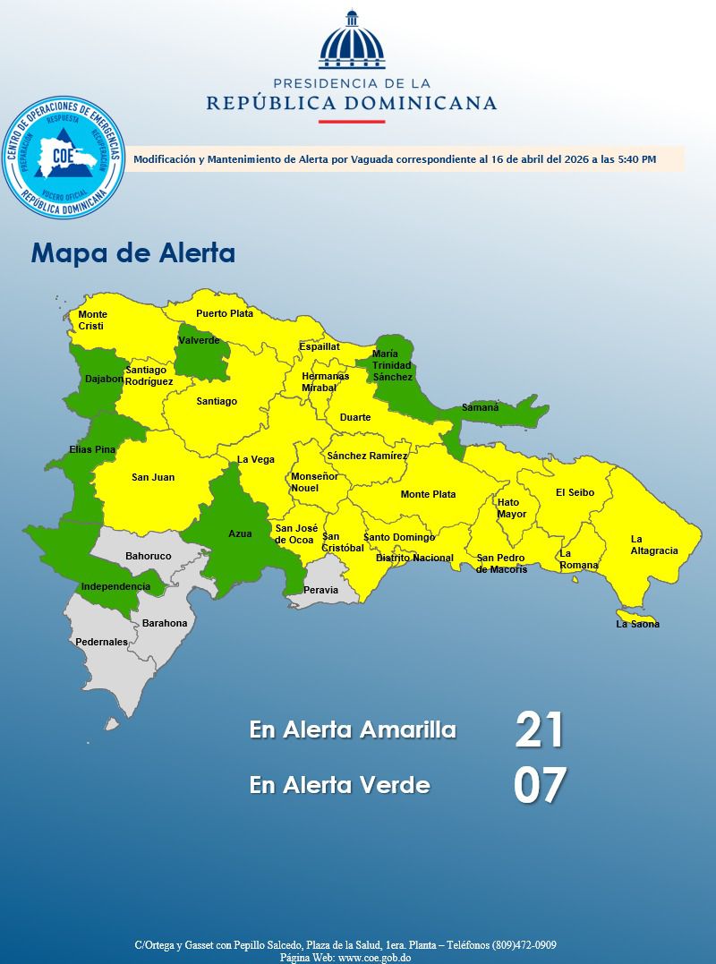 COE coloca 20 provincias en alerta amarilla ante amenaza de fuertes lluvias