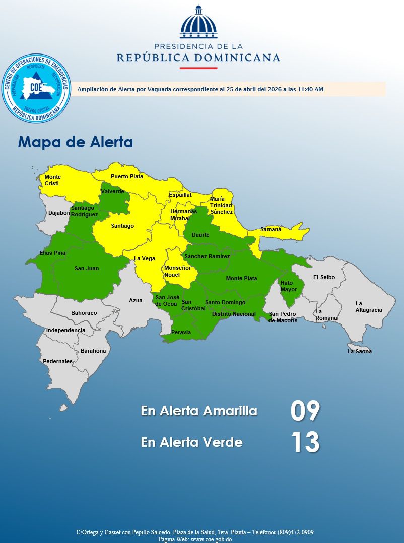 COE mantiene 9 provincias en amarilla y 13 en verde por lluvias este sábado