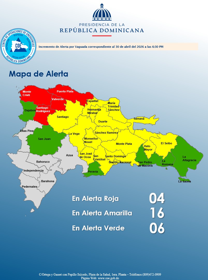 COE coloca 26 provincias en alerta por lluvias; cuatro en nivel rojo