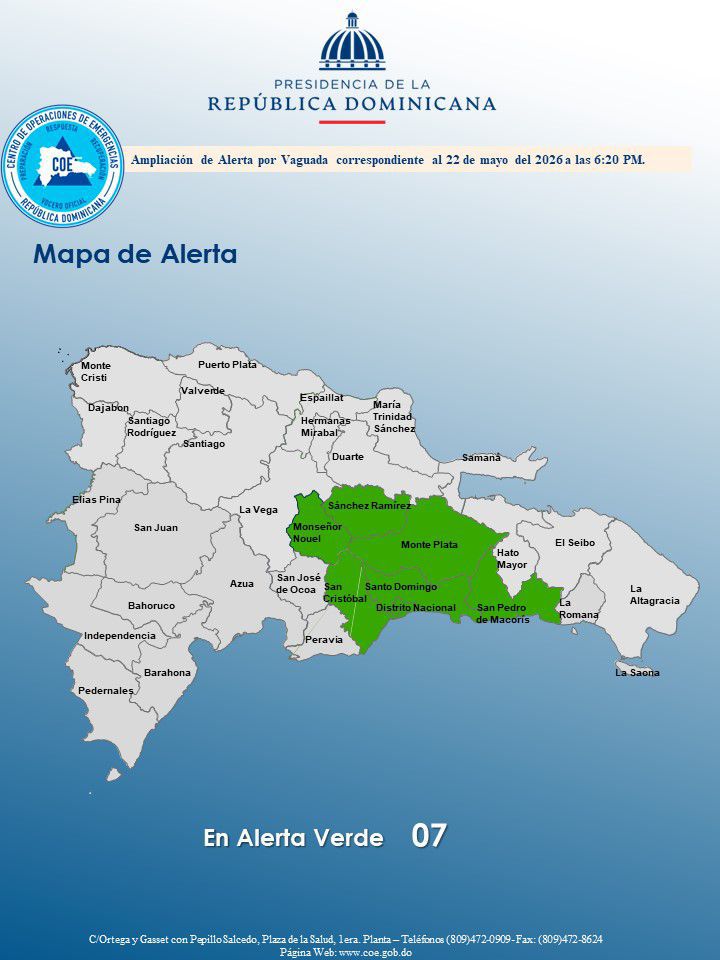COE coloca seis provincias y el Distrito Nacional en alerta verde por lluvias