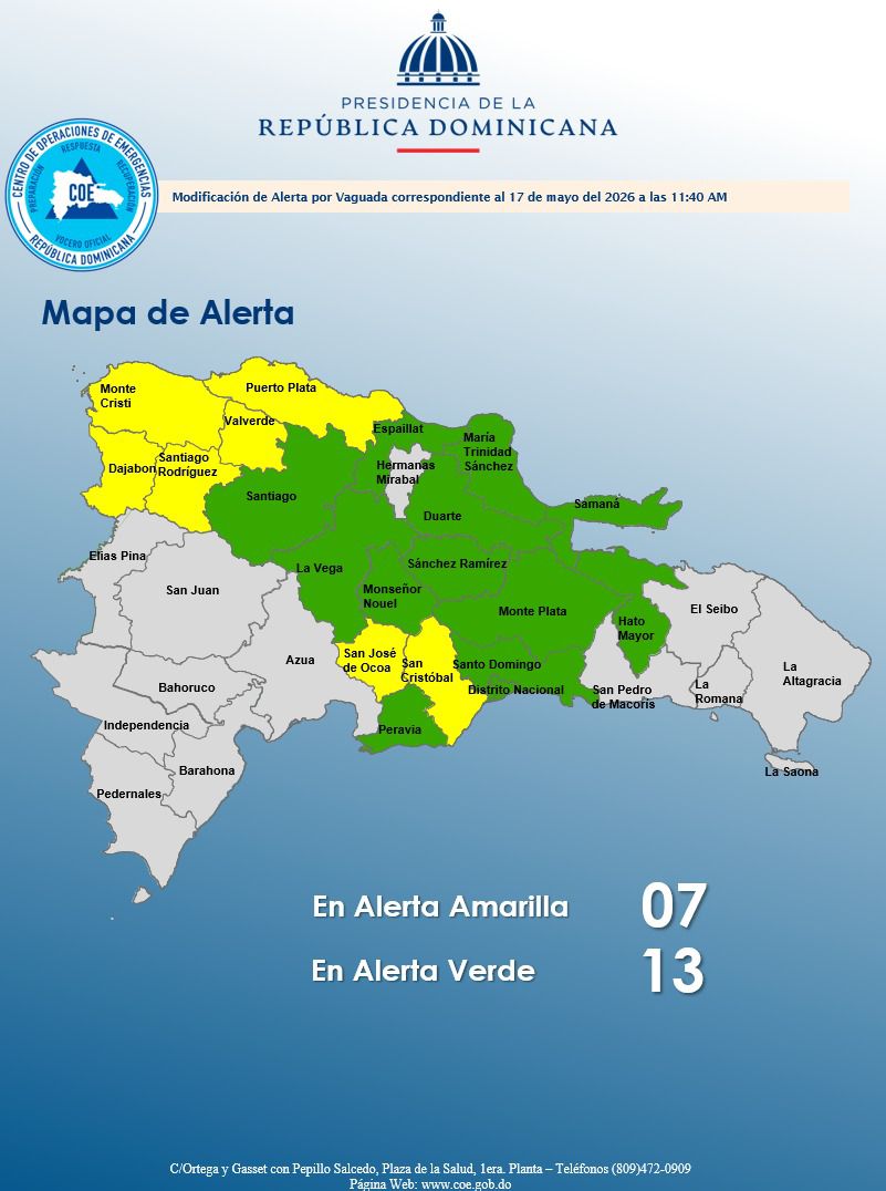 COE coloca 19 provincias y al Distrito Nacional bajo alerta por efectos de vaguada