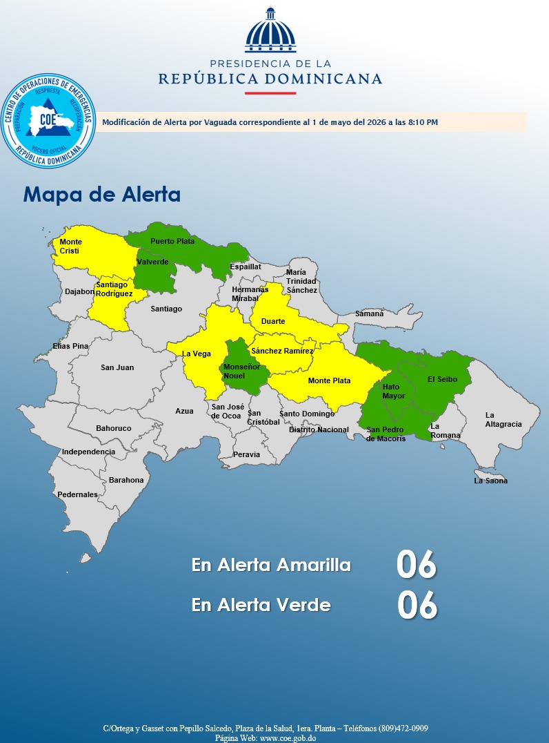 COE reduce a 12 las provincias en alerta por incidencia de vaguada