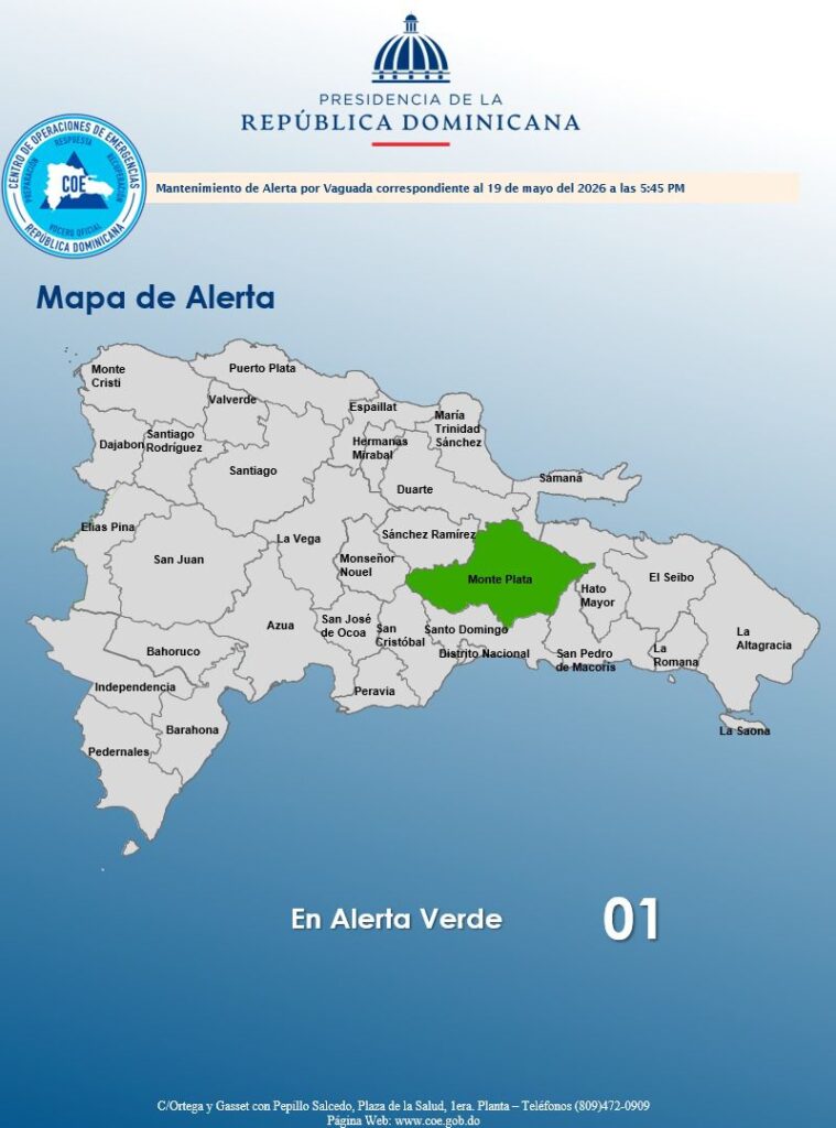 COE mantiene en alerta verde a Monte Plata por lluvias y condiciones inestables