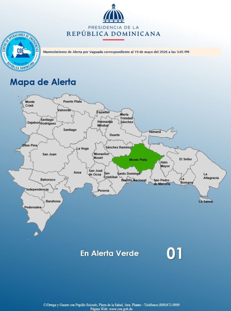 COE mantiene en alerta verde a Monte Plata por lluvias y condiciones inestables