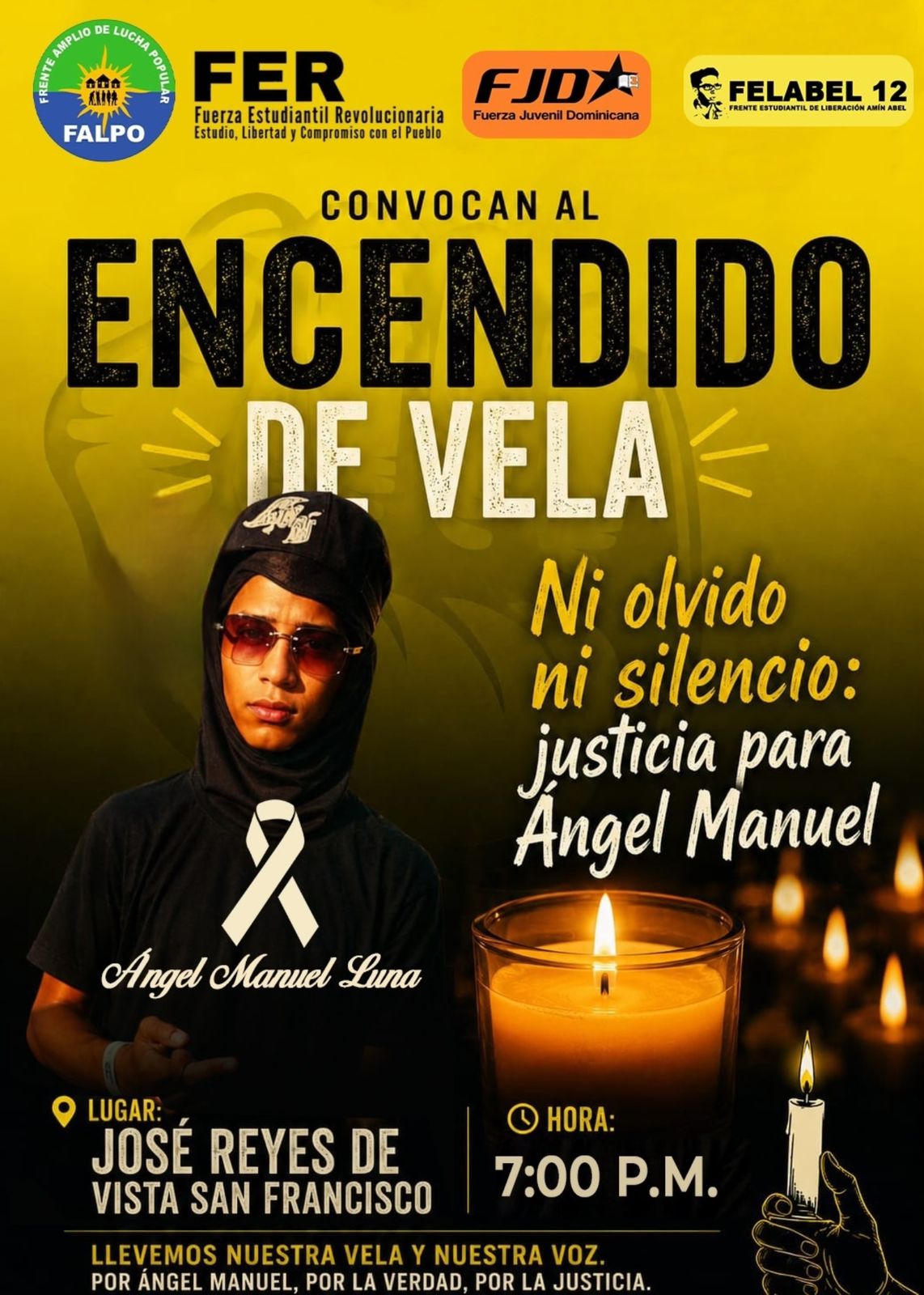 Grupos estudiantiles convocan encendido de velas por muerte de Ángel Manuel Luna en SFM
