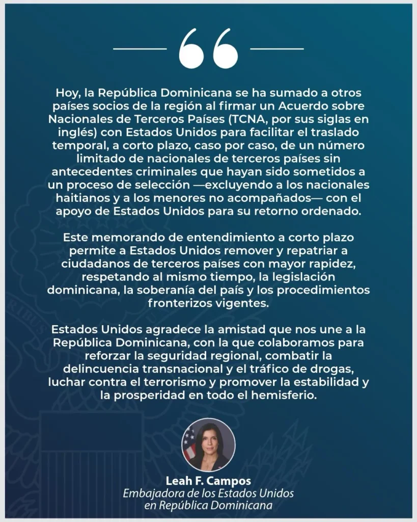 Embajadora Leah Campos anuncia acuerdo migratorio entre RD y EE.UU. para manejo de nacionales de terceros países