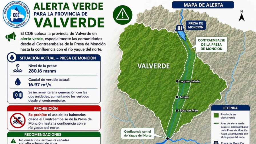 Alerta verde en Valverde por aumento del caudal en presa de Monción; restringen balnearios
