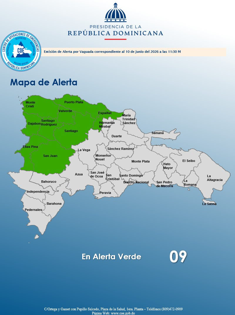 COE coloca nueve provincias en alerta verde por aguaceros y tronadas