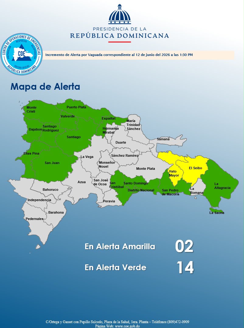 COE eleva a 16 las provincias bajo alerta por incidencia de vaguada