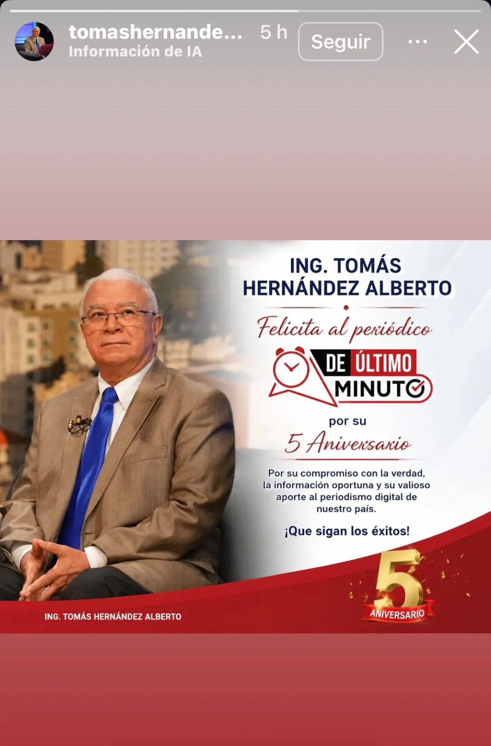 Tomás Hernández Alberto felicita a De Último Minuto por su quinto aniversario