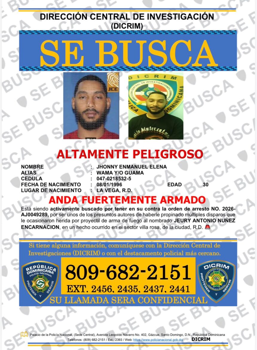 Dicrim busca a hombre acusado de herir de bala a un ciudadano en La Vega