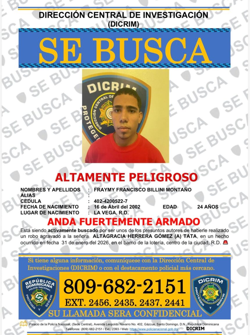 DICRIM emite orden de búsqueda contra hombre acusado de robo agravado en La Vega