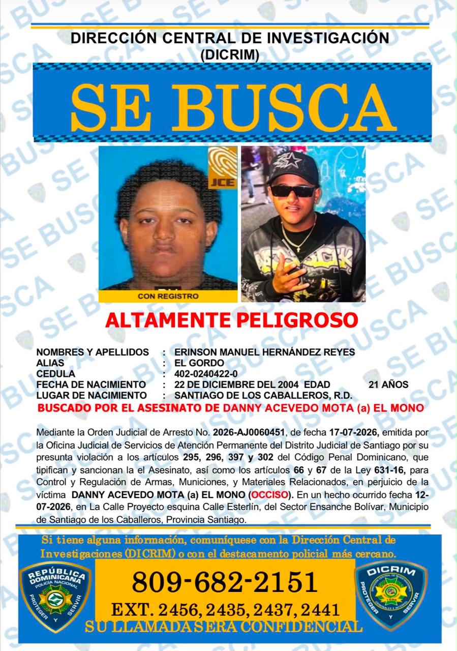 Policía exhorta a “El Gordo” a entregarse por muerte a tiros de un joven en Santiago