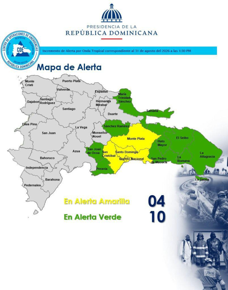 COE eleva a cuatro las demarcaciones en alerta amarilla y mantiene diez en verde por onda tropical